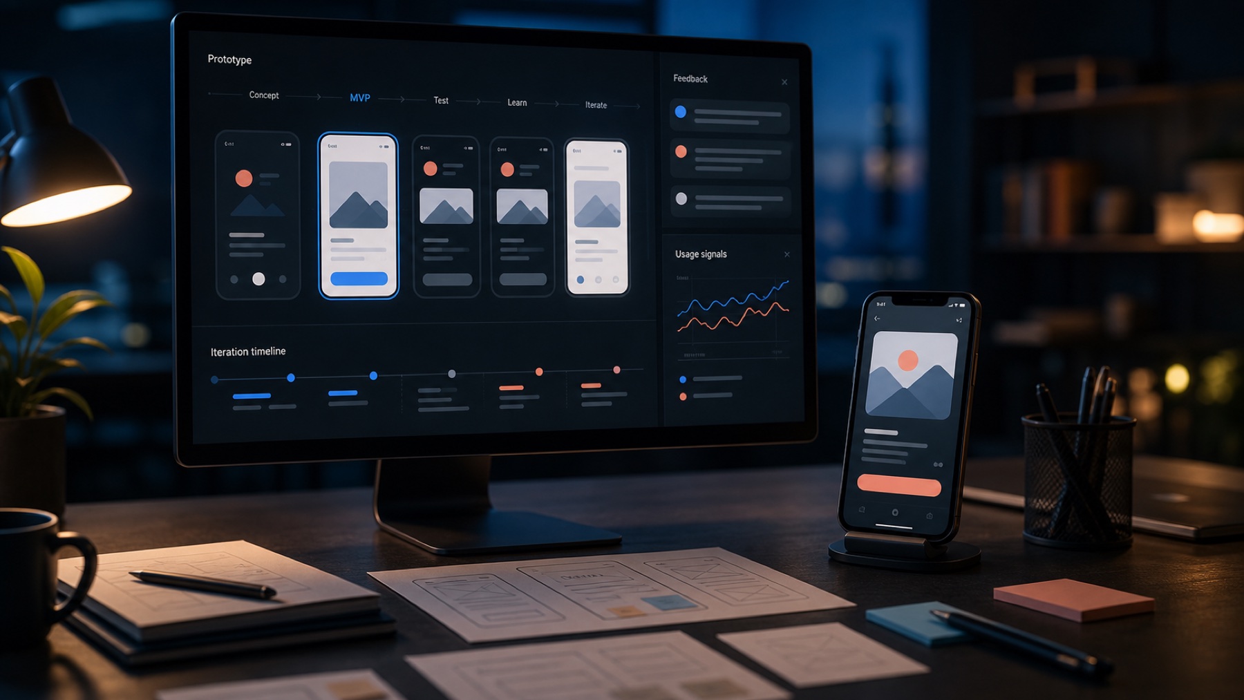 Digital product studio with prototype, usage signals and iteration