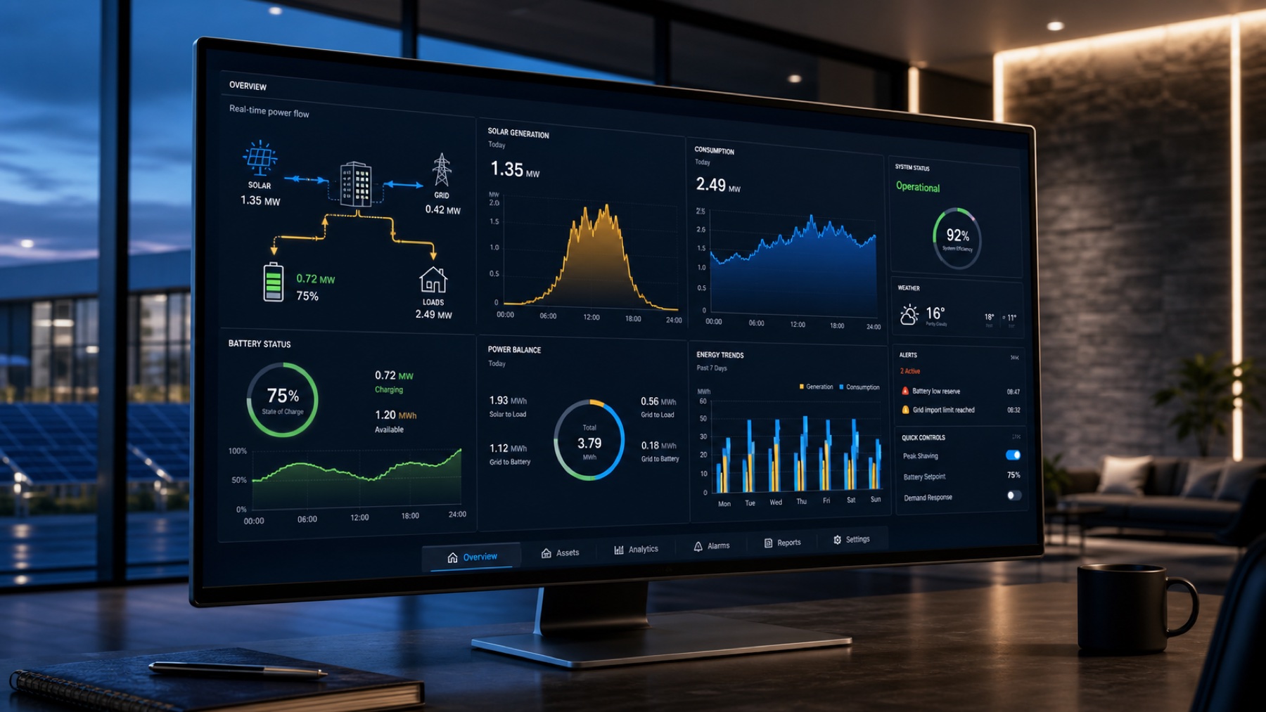 Dashboard profesional con generación solar, consumo, batería, alertas e histórico