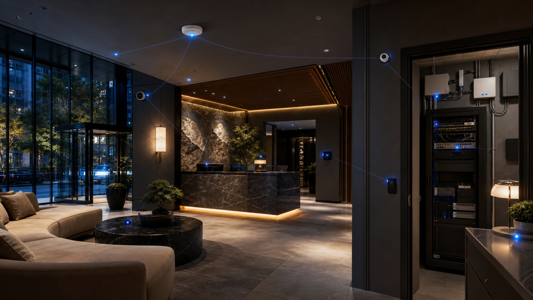 Lobby premium con sensores, gateway, red y automatización IoT integrados