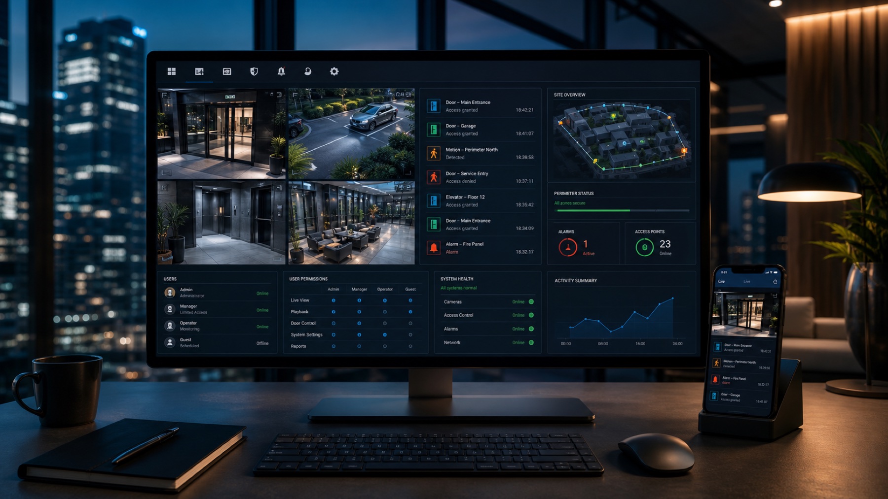 Consola premium de monitoreo remoto con CCTV, accesos, alarmas y permisos