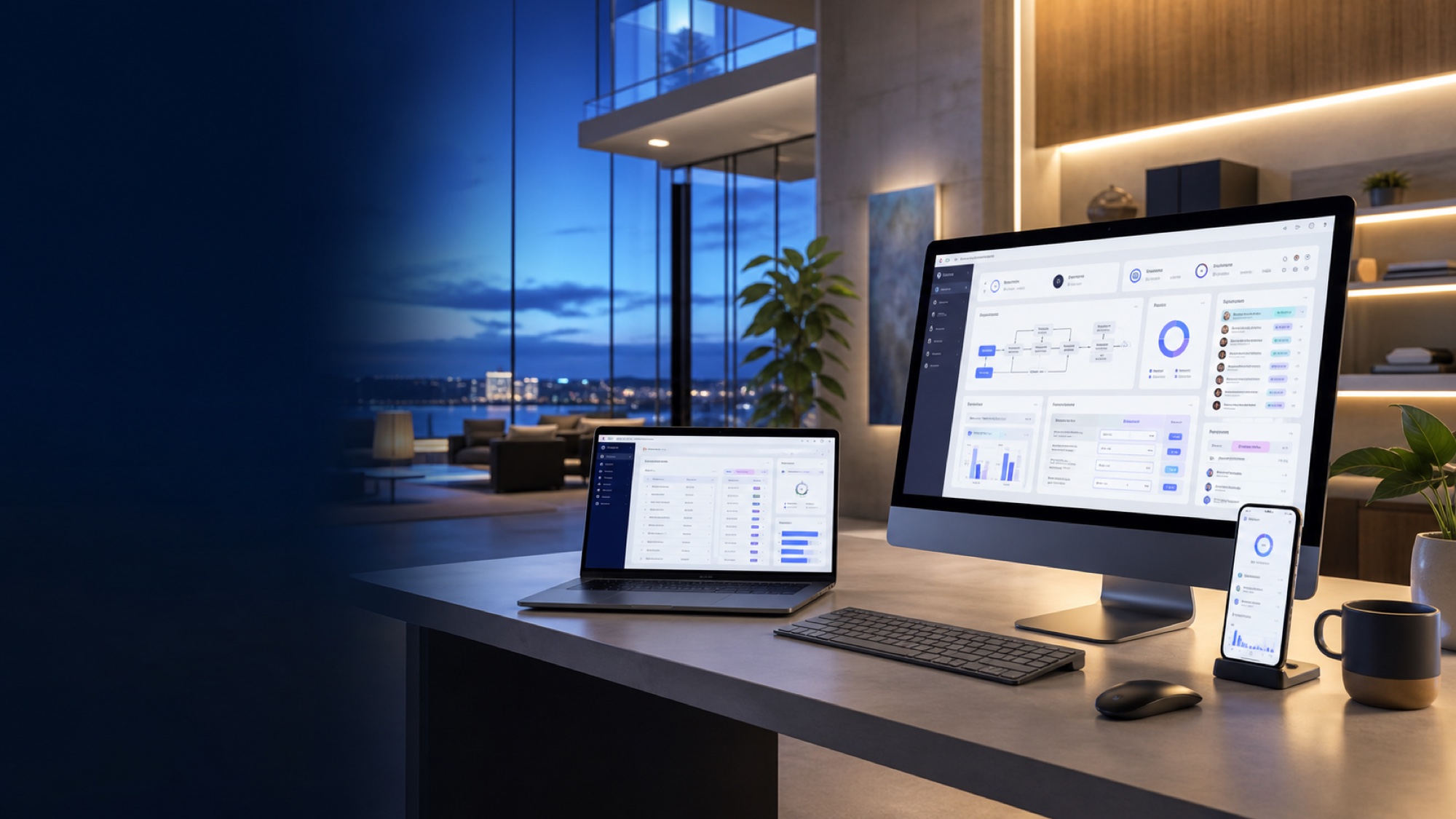 Estudio tecnológico luminoso con una plataforma empresarial en computadora, laptop y móvil