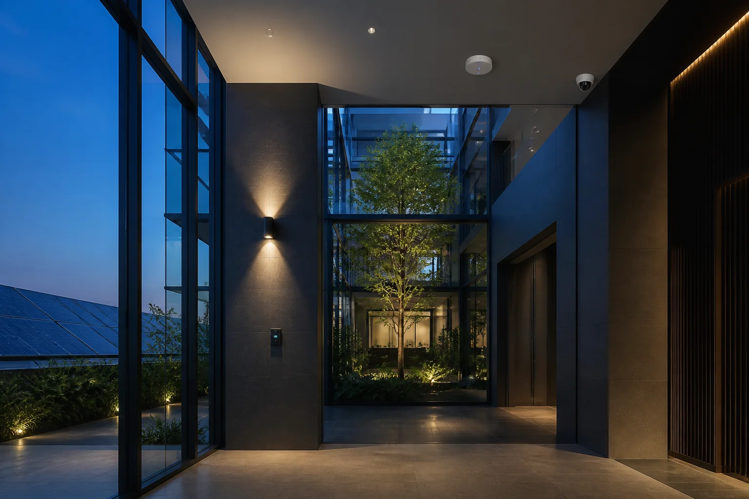 Arquitectura contemporánea con energía, conectividad y seguridad integradas