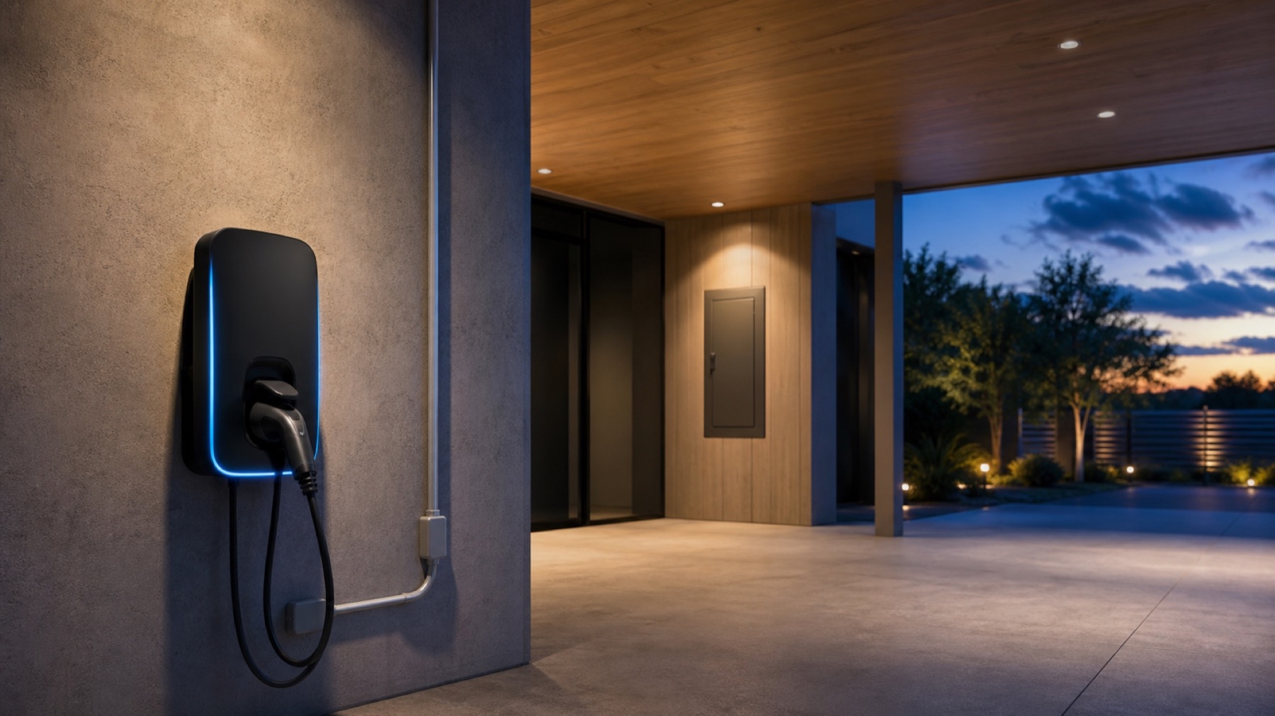 Electric vehicle charging at a contemporary residence