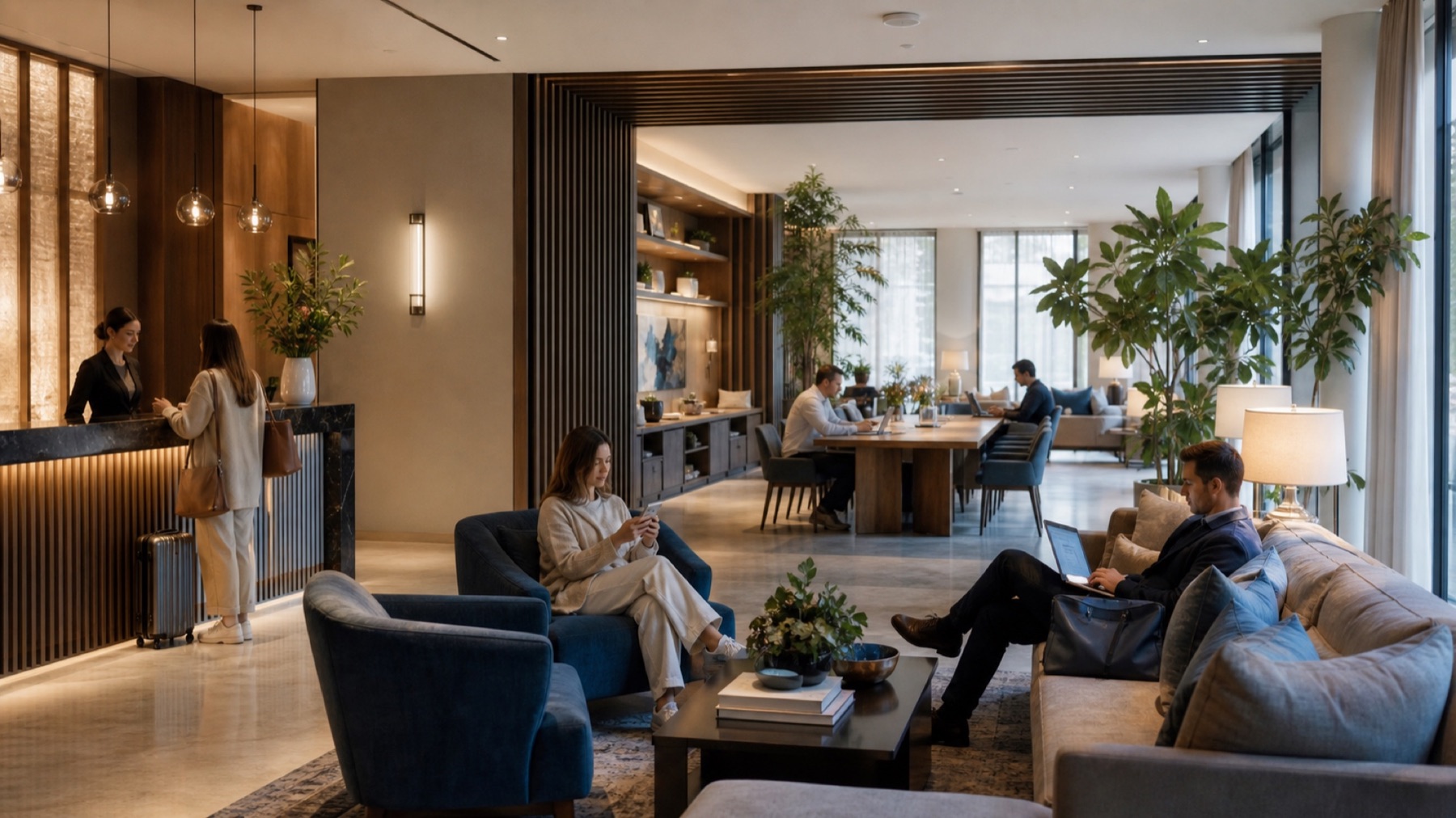 Lobby contemporáneo con conectividad WiFi profesional integrada