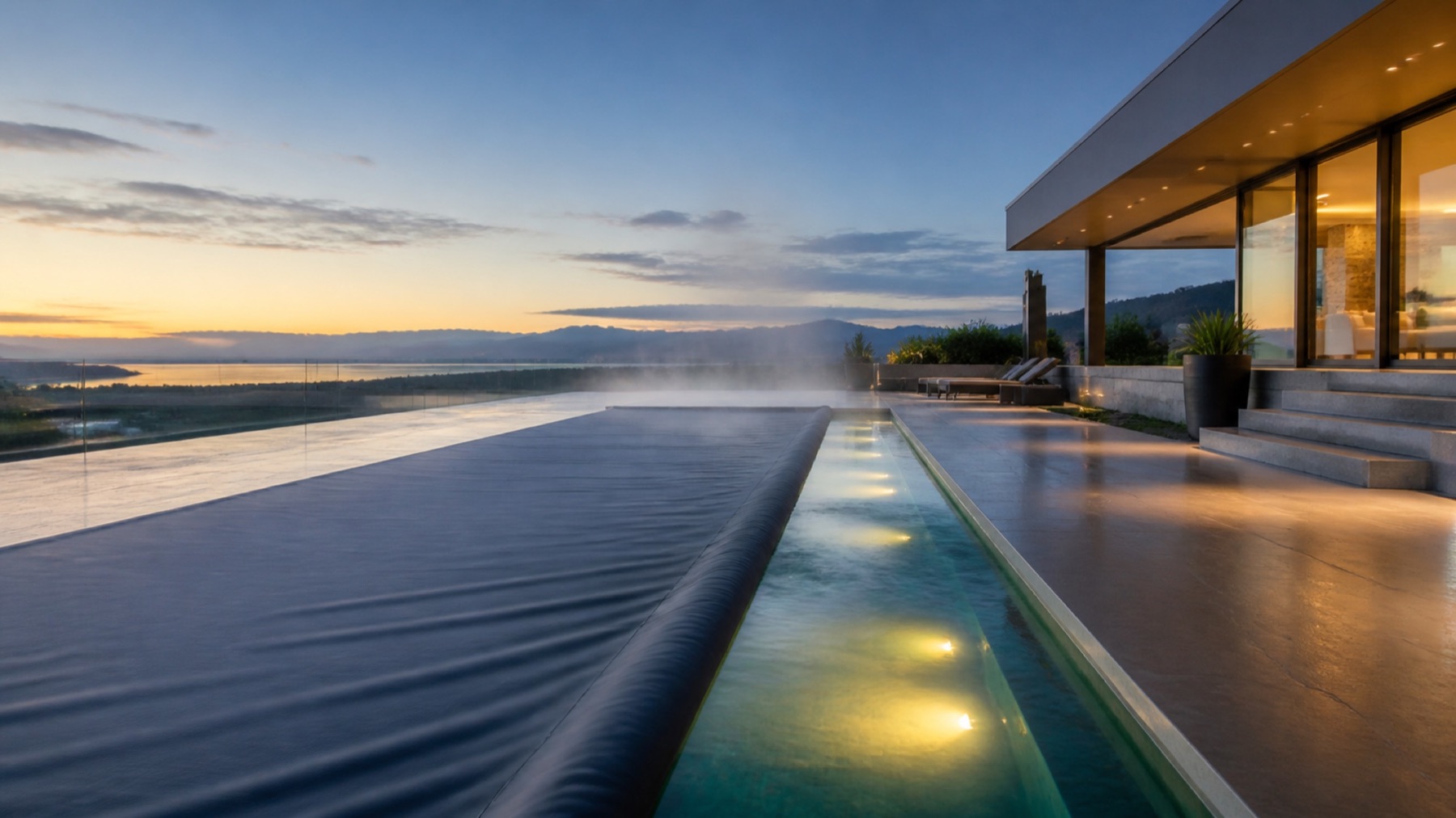 Heated pool with cover and mechanical room