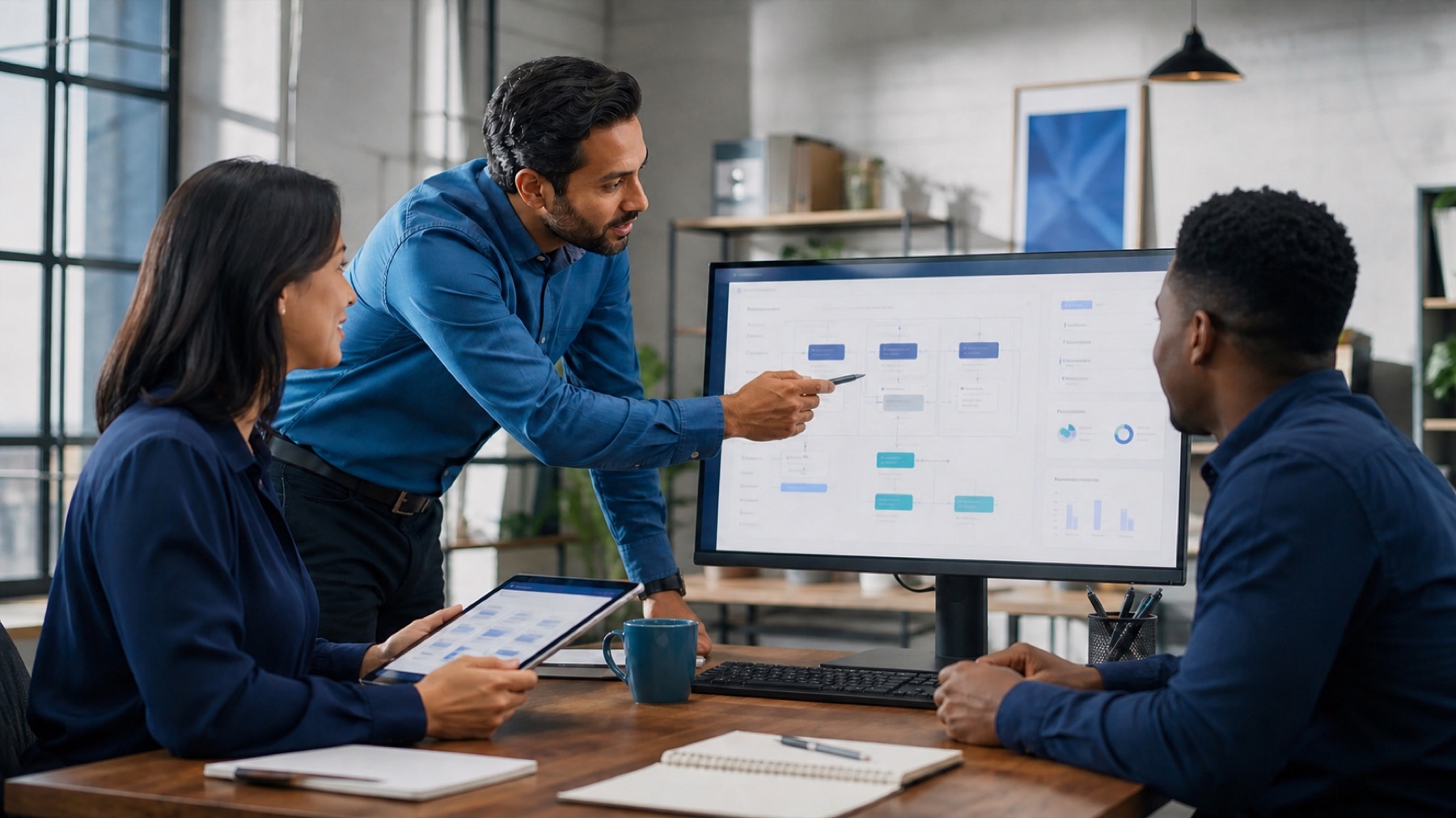 Small team reviewing an AI-assisted business workflow