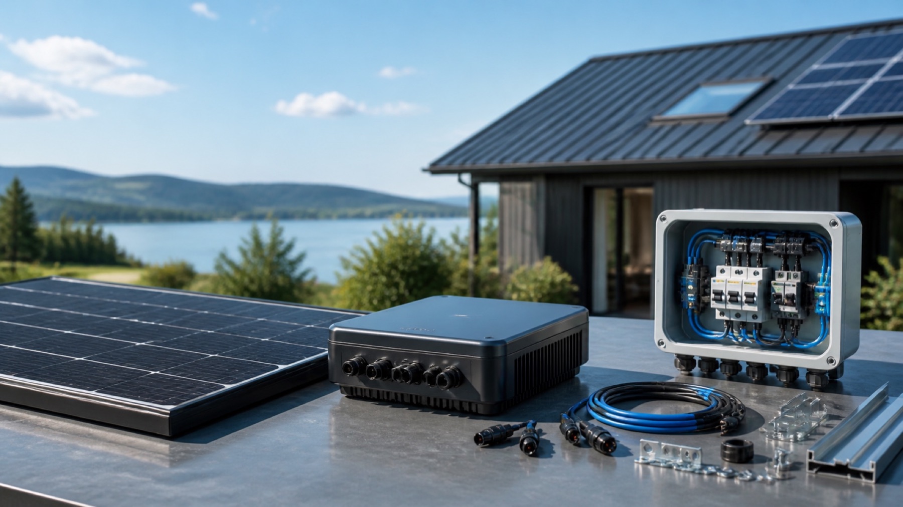 Solar kit components arranged on a technical table
