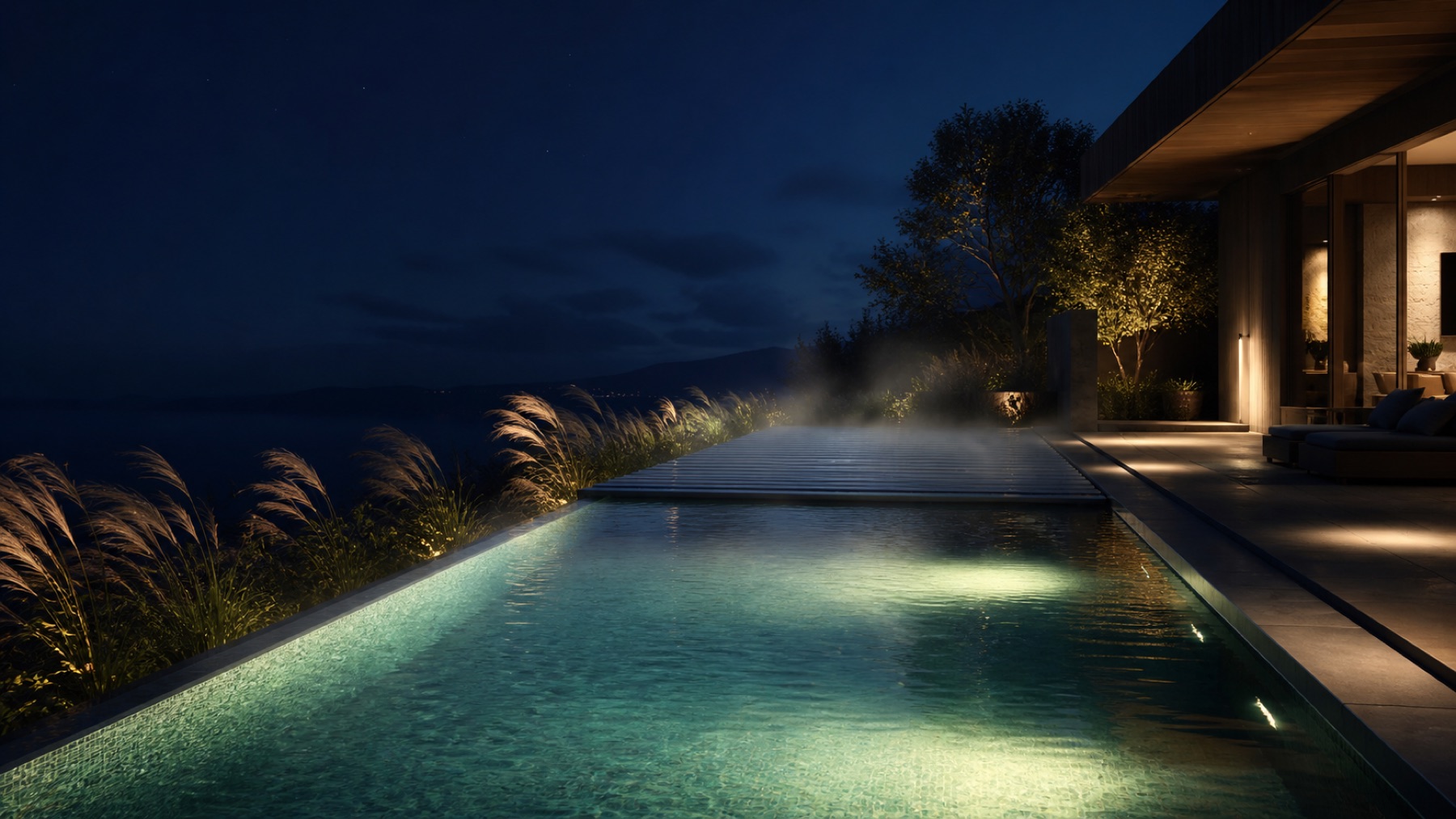 Heated pool at night with a partial cover and subtle breeze
