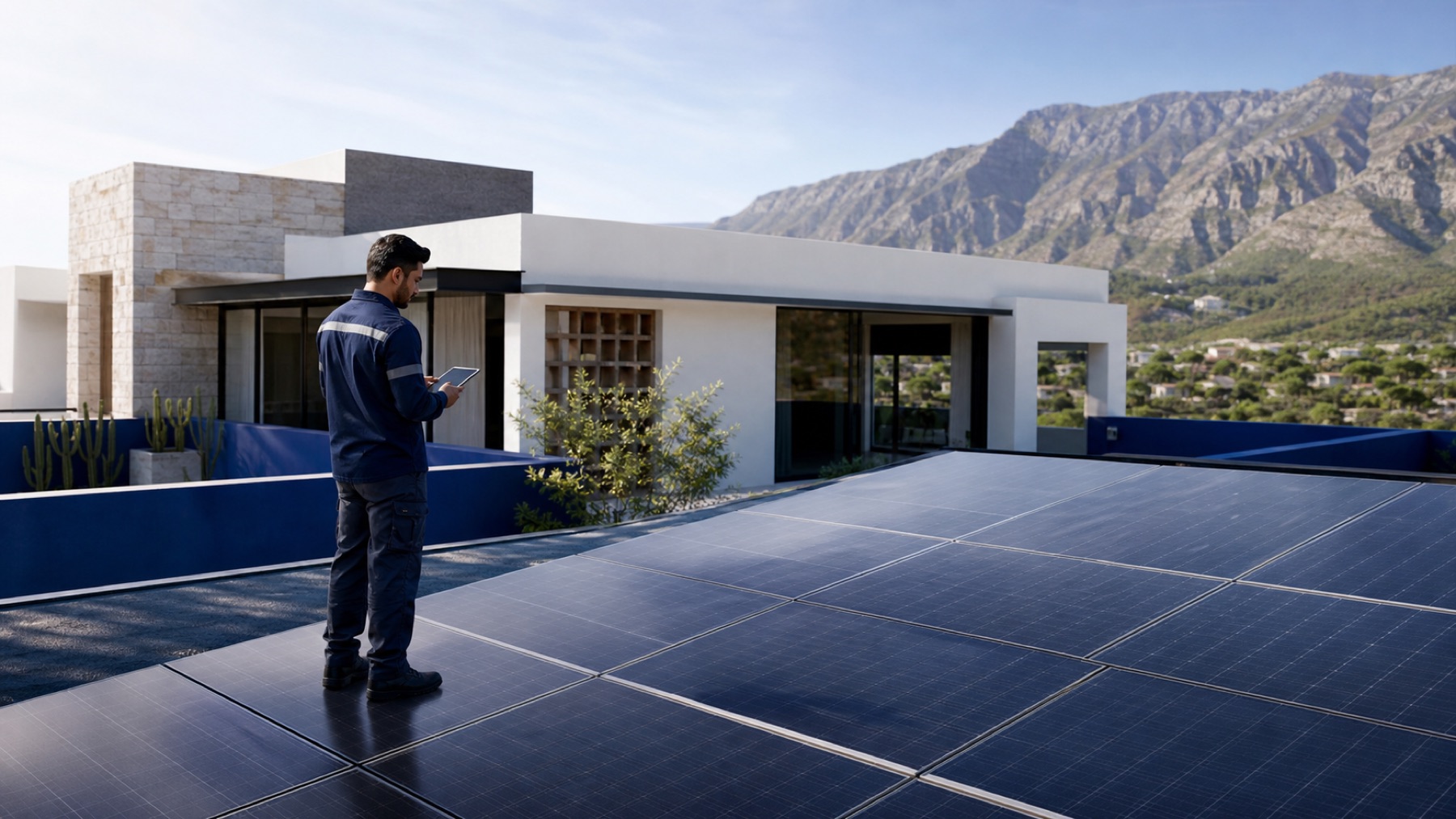 Contemporary residence with a rooftop solar array under evaluation