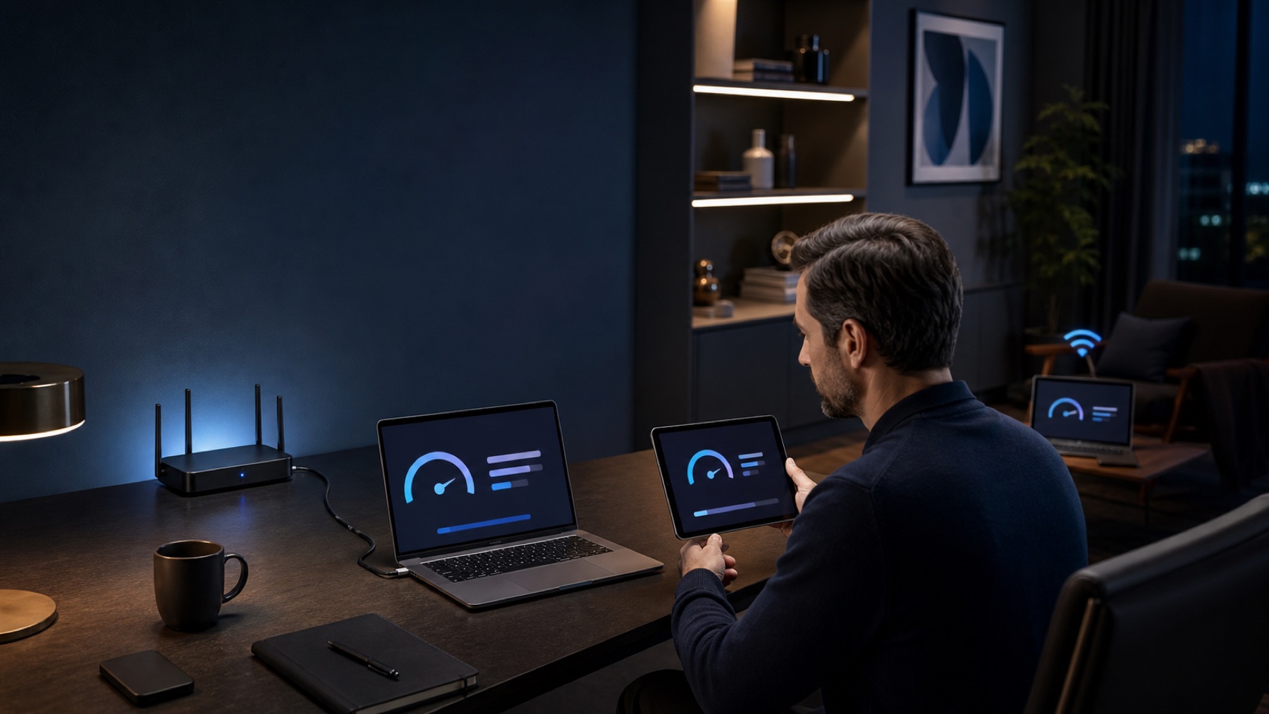 Usuario comparando velocidad por cable y WiFi en una residencia