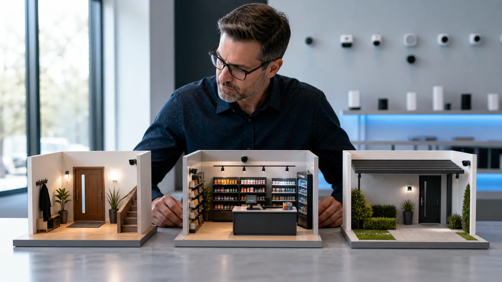 Especialista comparando maquetas de una casa, un comercio y un alojamiento para definir escenas y ubicaciones de cámaras.