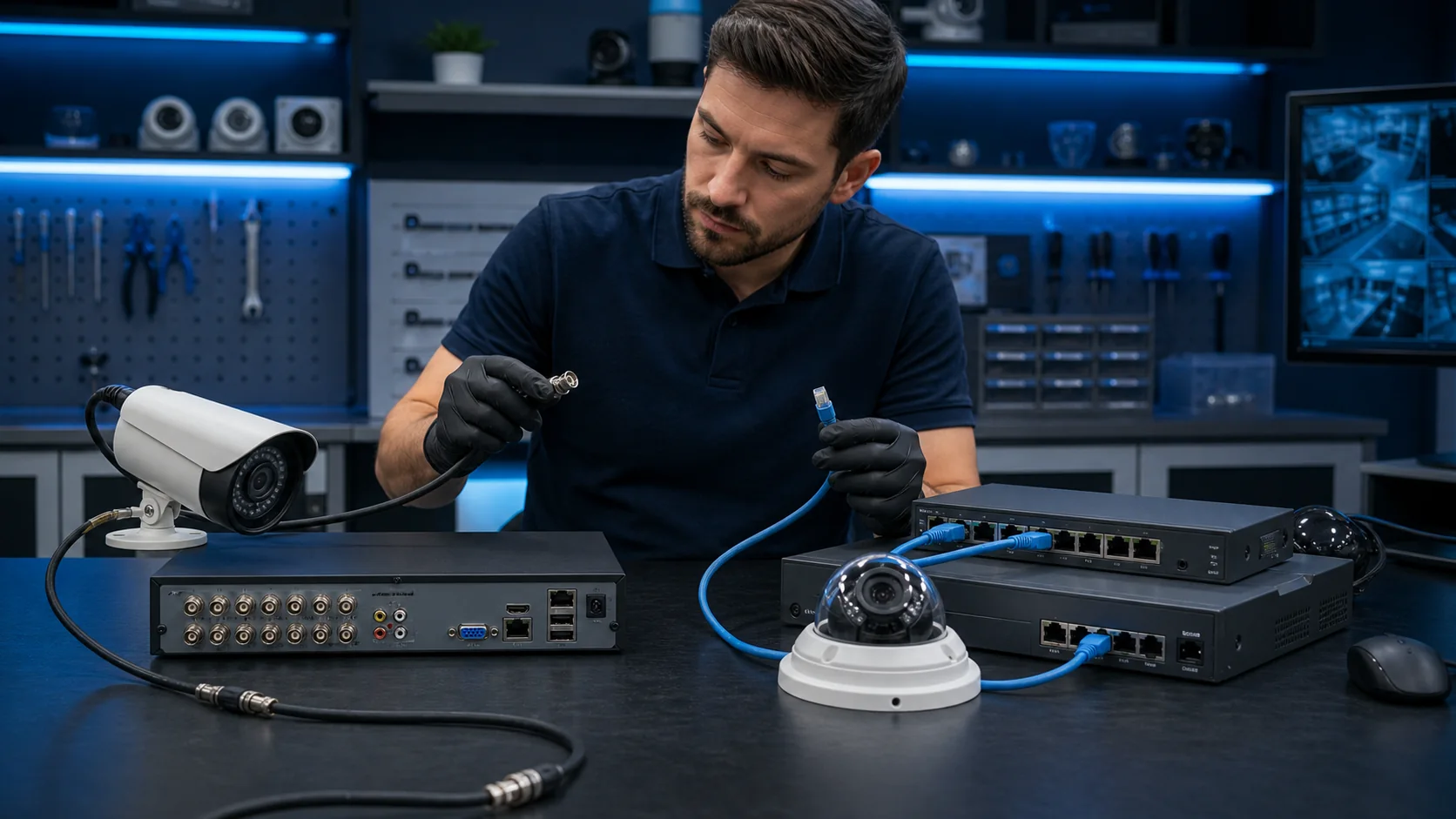 Técnico comparando conexiones coaxiales y Ethernet entre cámaras, DVR, NVR y switch de red sobre una mesa de trabajo.