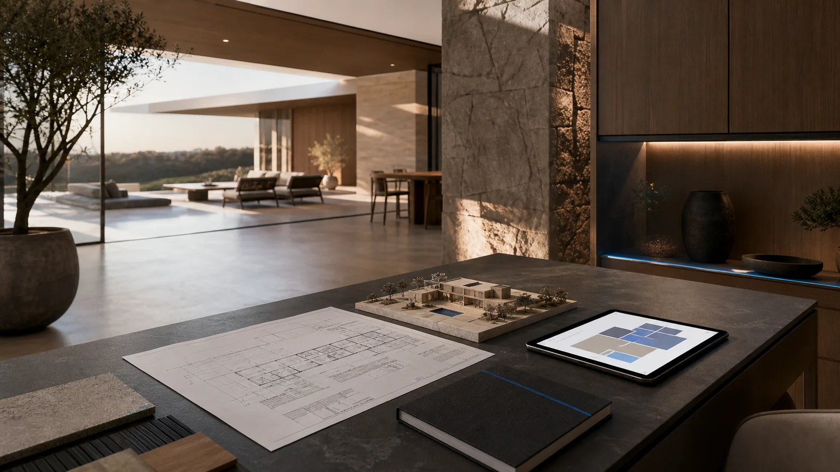 Luminous architectural interior with an integrated technology planning table