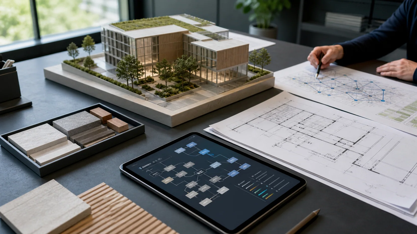 Mesa de análisis de proyecto con arquitectura, planos y flujo digital