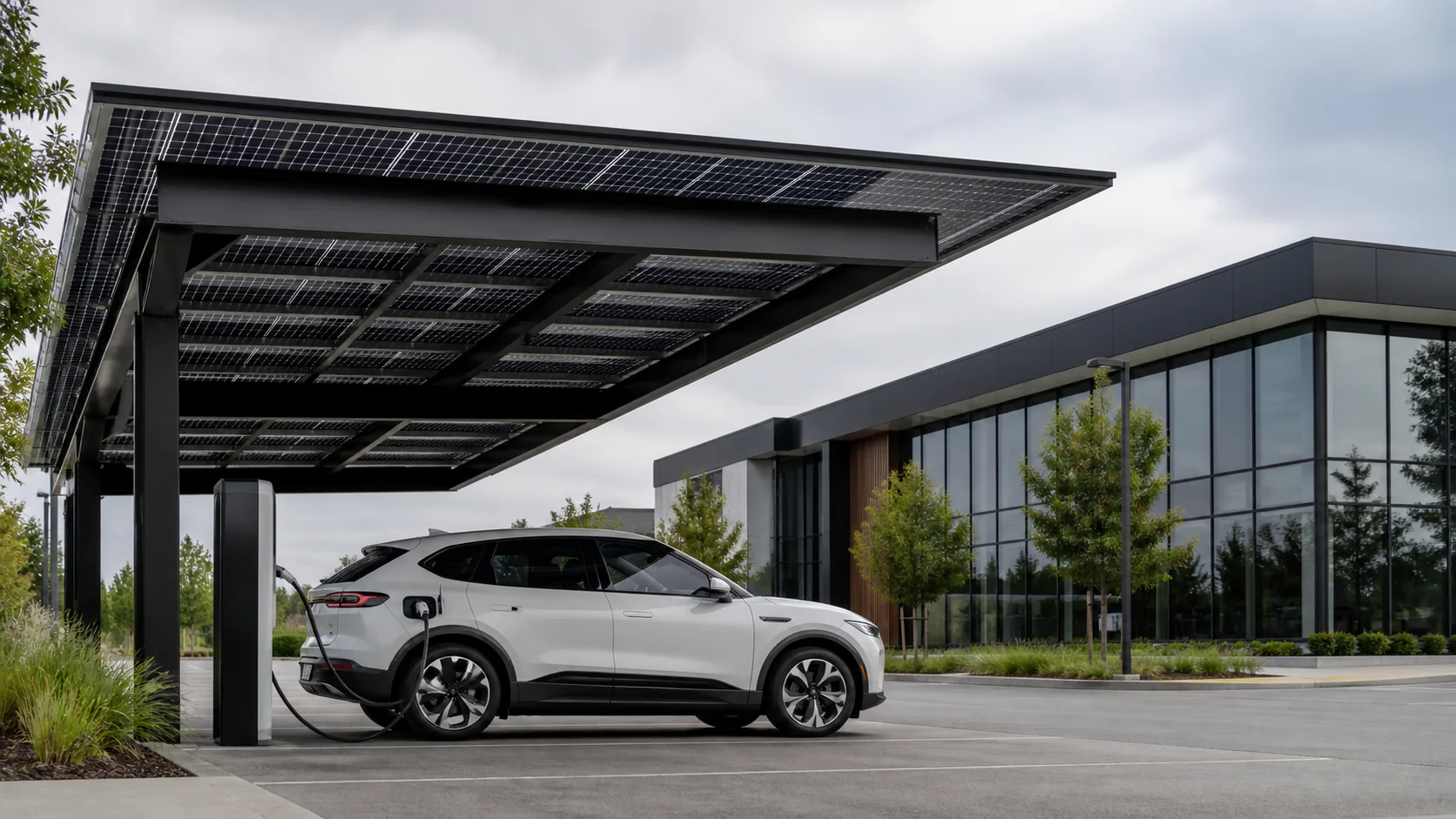 Carga de vehículo eléctrico bajo una cubierta solar