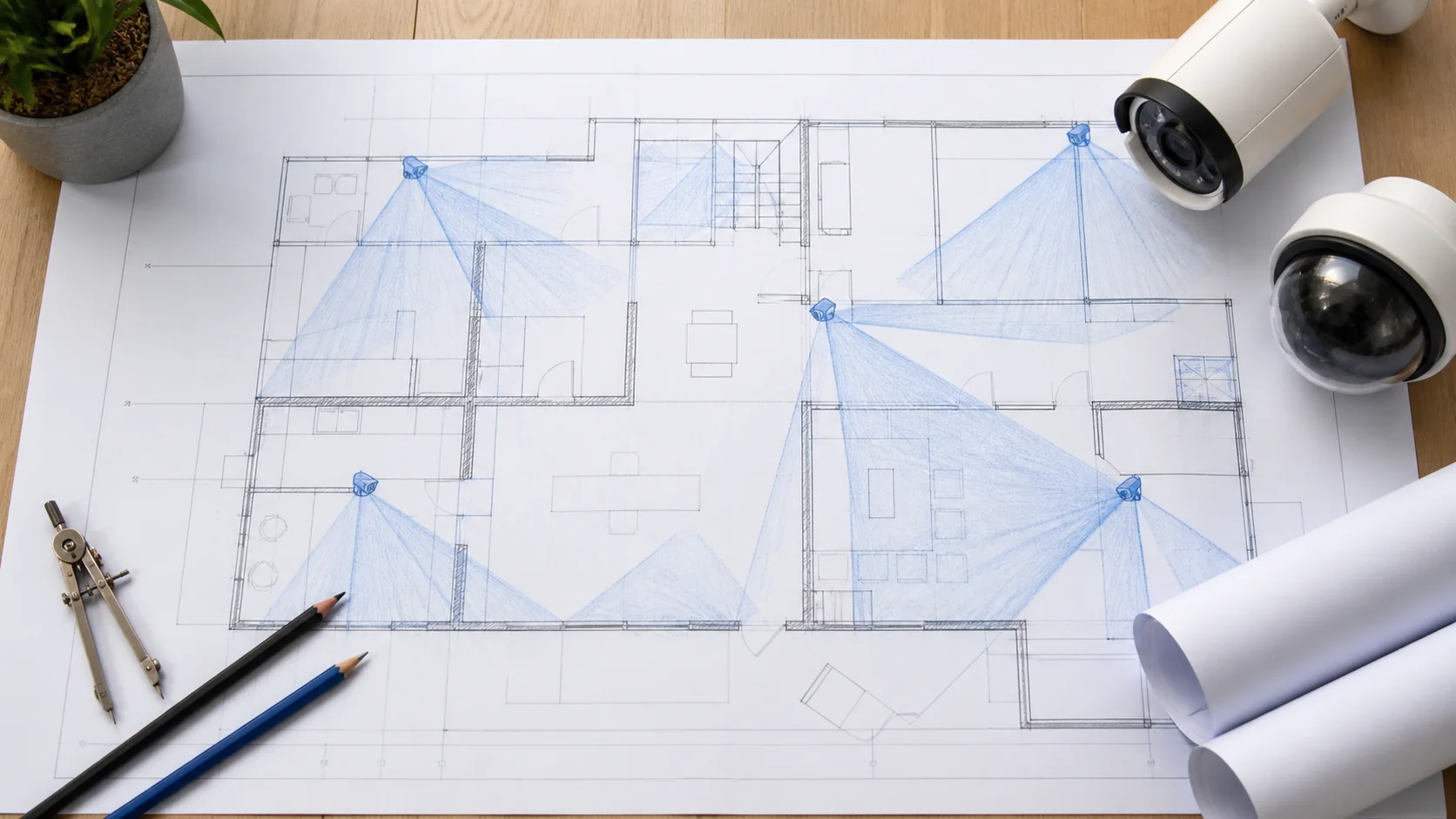 Plano arquitectónico con diseño de cobertura de cámaras