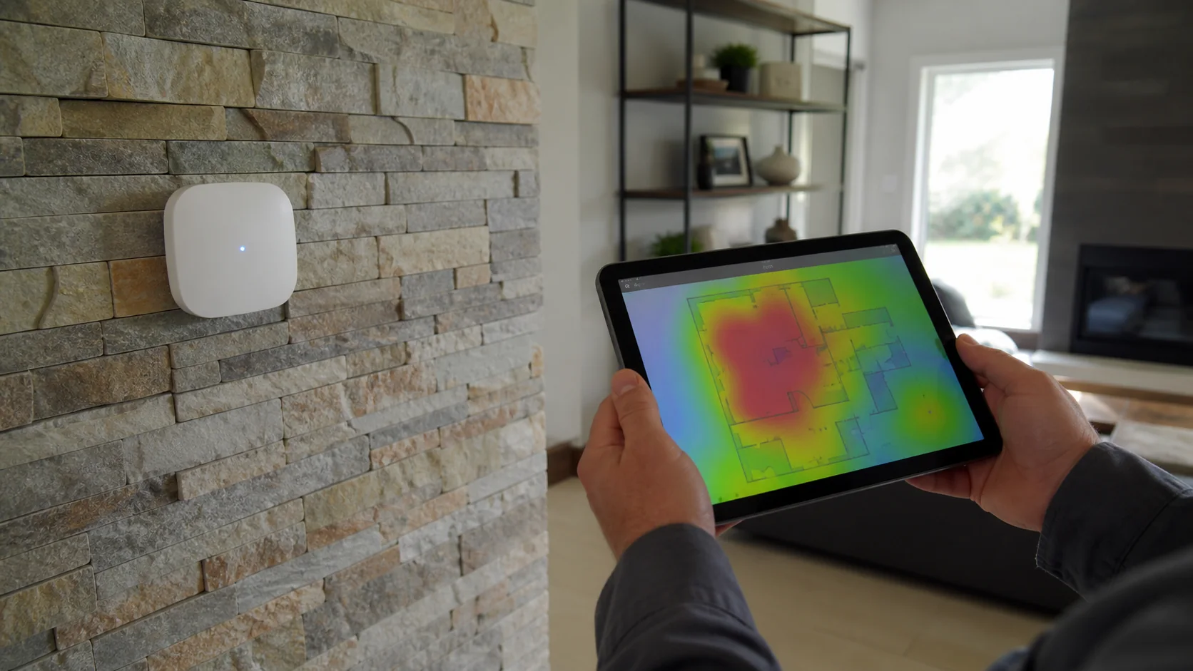 WiFi signal survey beside a masonry wall