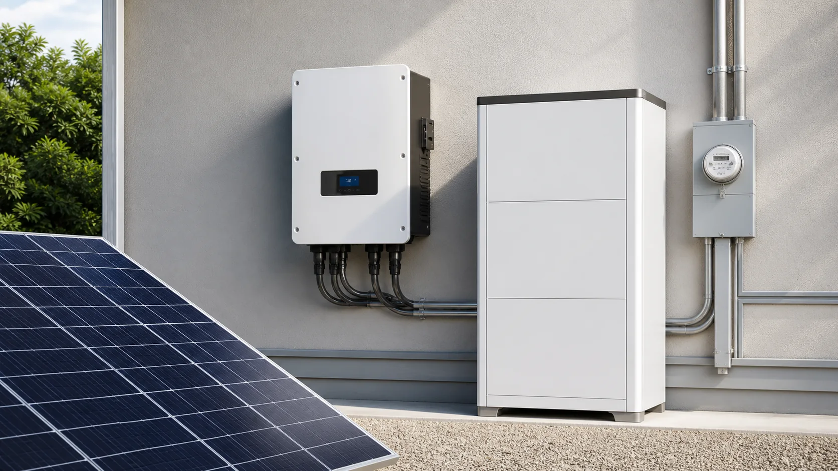 Module, inverter, battery and connection in a solar system