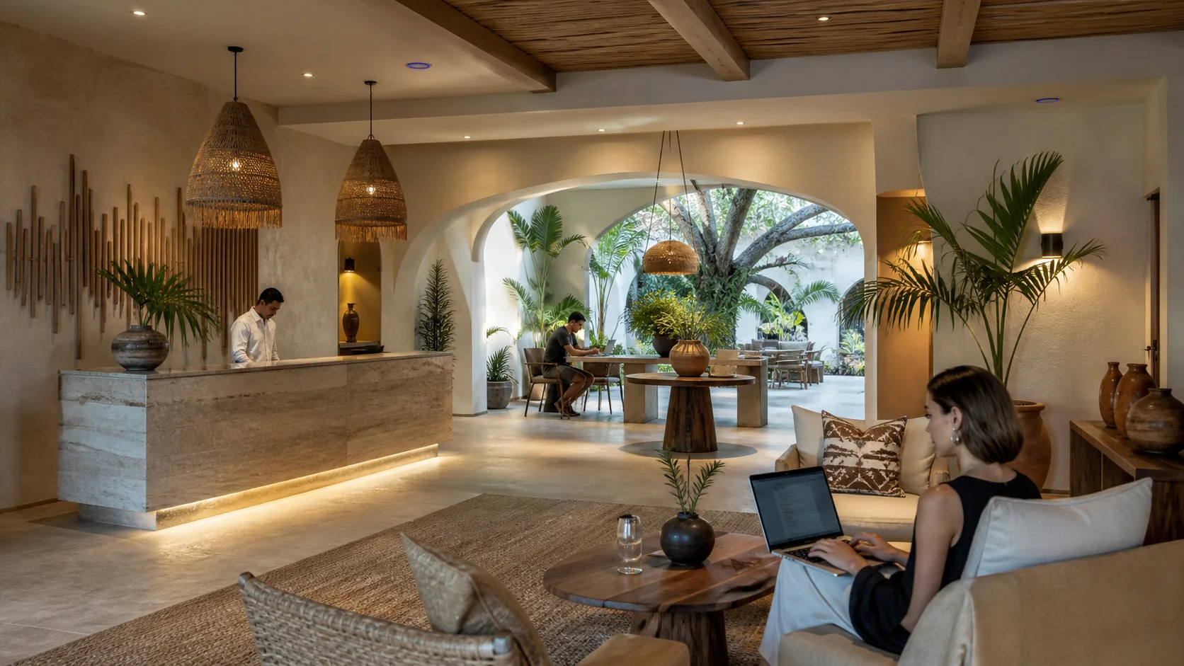 Lobby de hotel con infraestructura WiFi discreta