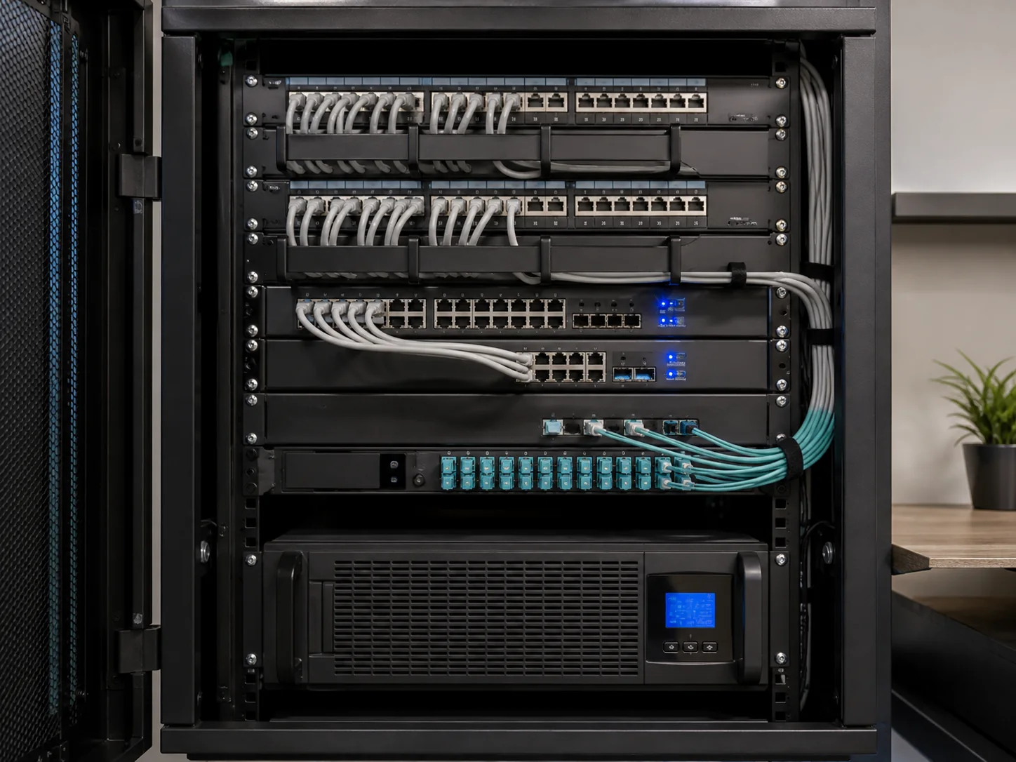 Rack profesional con cableado estructurado organizado