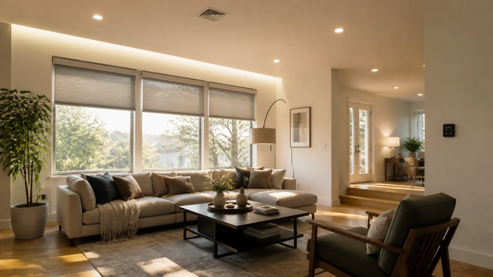 Sala con persianas, iluminación y clima coordinados