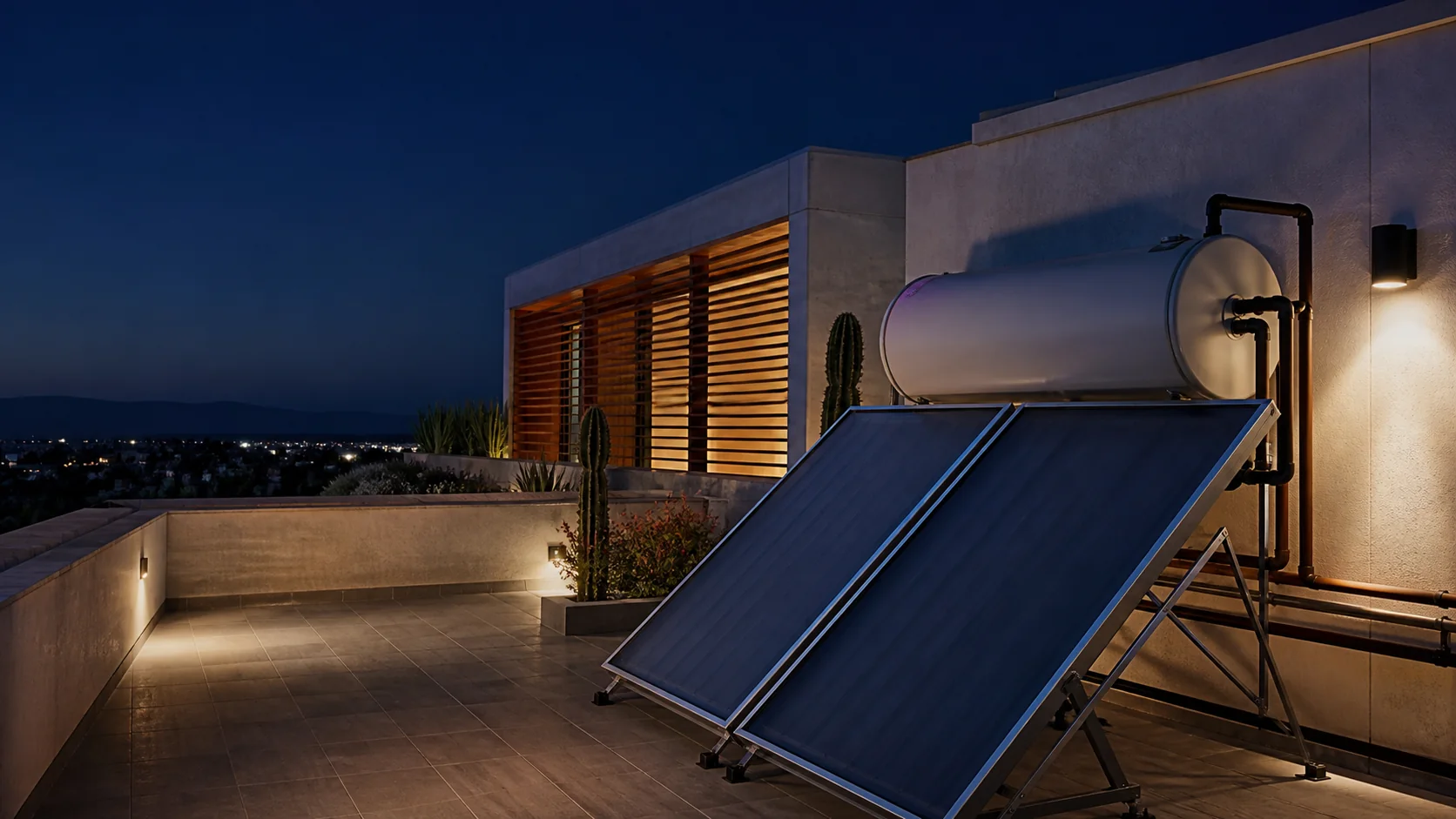 Colectores solares térmicos y depósito de agua caliente en una residencia