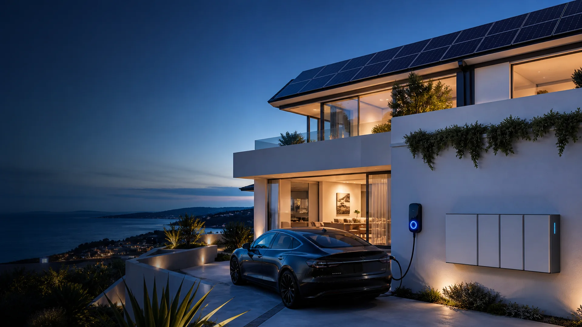 Coastal residence with integrated solar energy, battery and EV charging