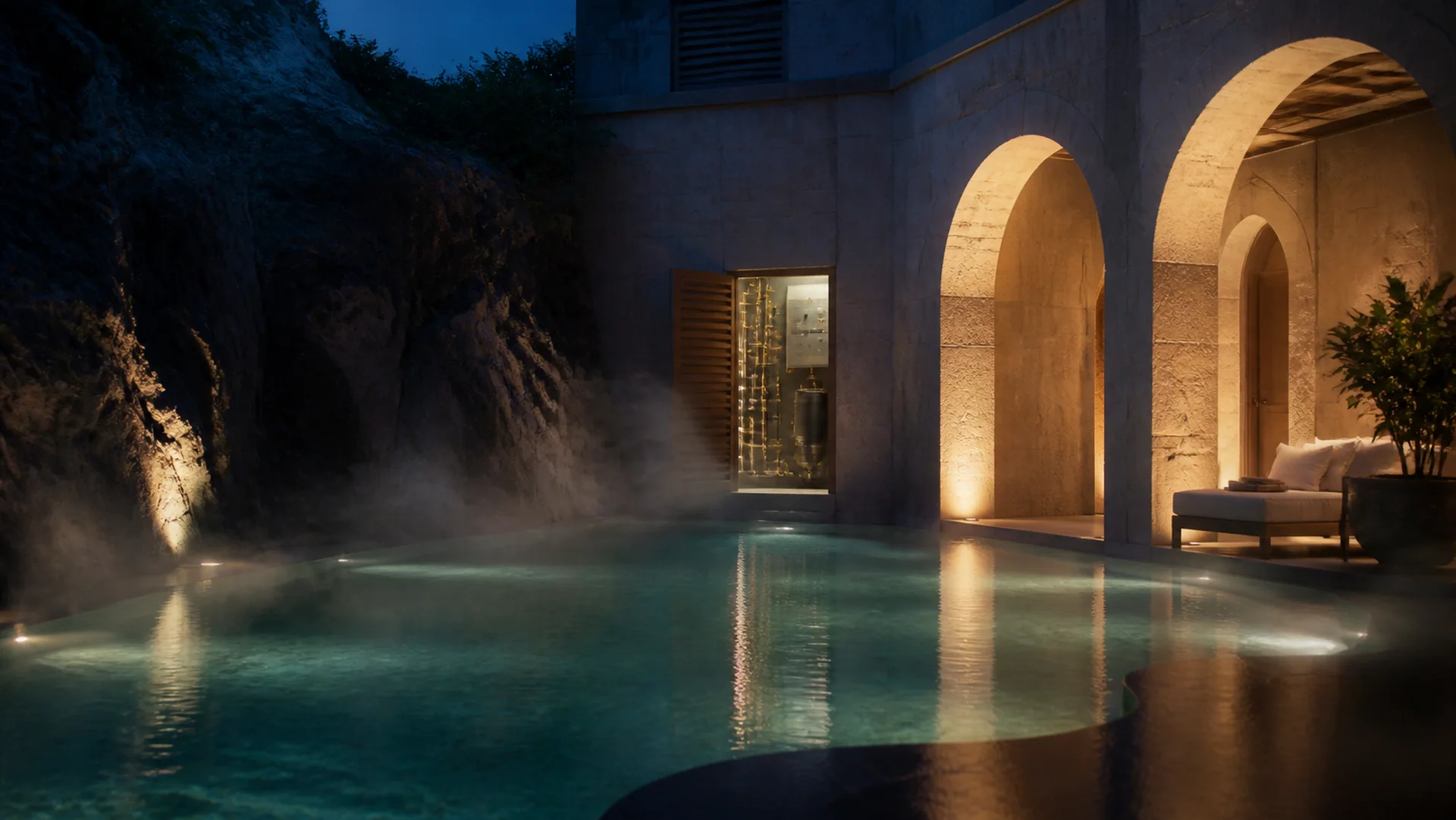 Warm cenote-inspired pool with integrated climate systems