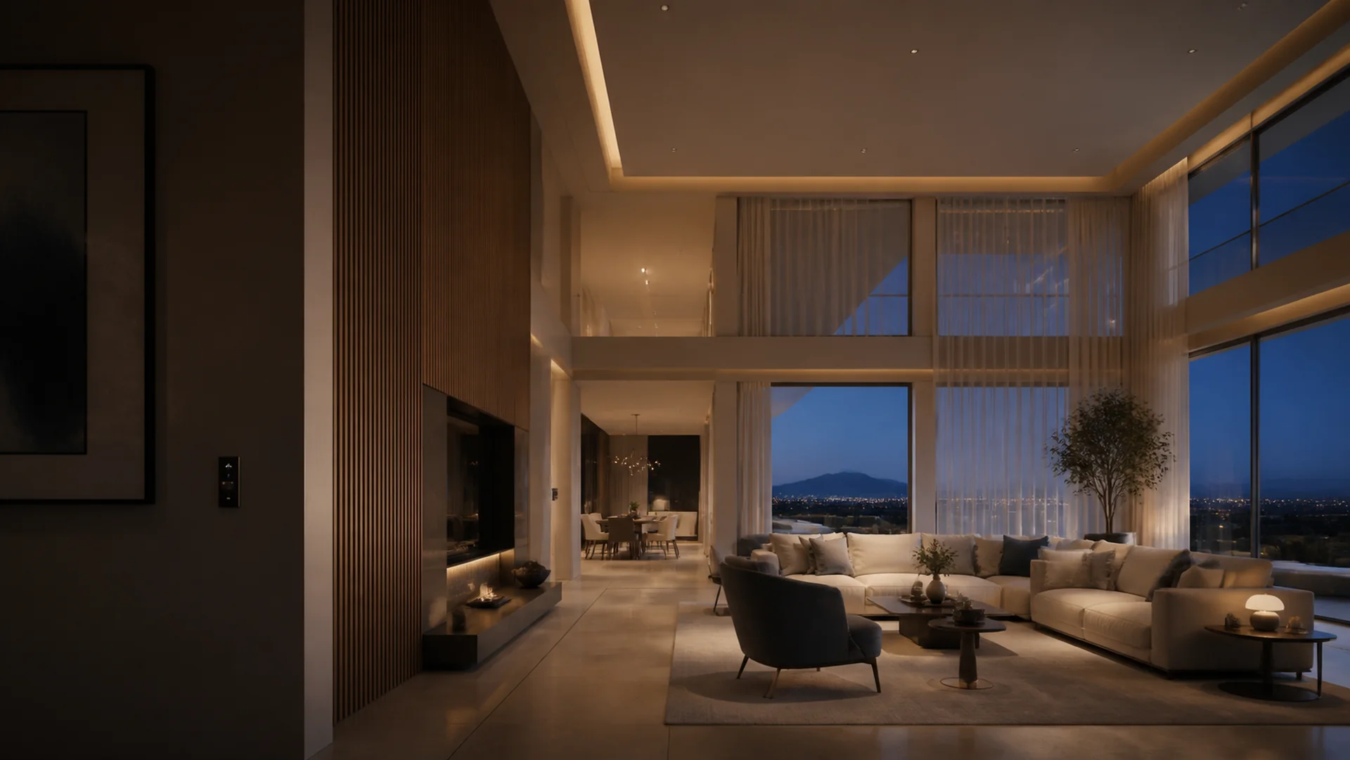 Aspirational living room with integrated lighting, shades and climate