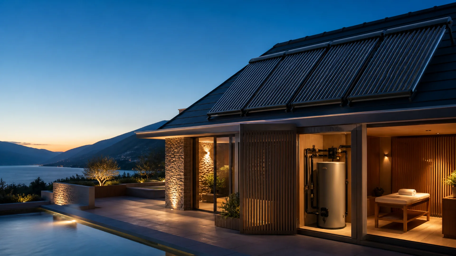 Solar thermal collectors and hot water integrated into hospitality architecture