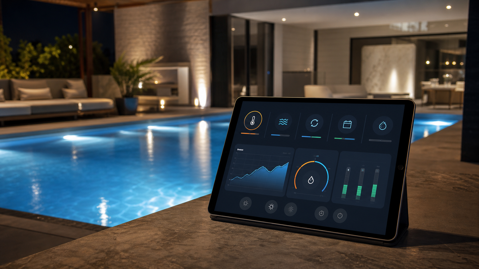 Alberca premium con monitoreo de temperatura, circulación y estado del sistema
