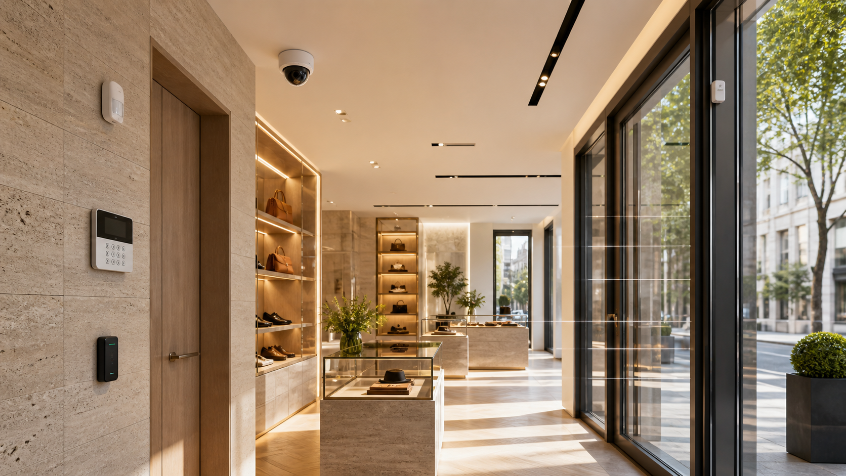 Boutique premium luminosa con cámara, alarma, sensores y control de acceso integrados