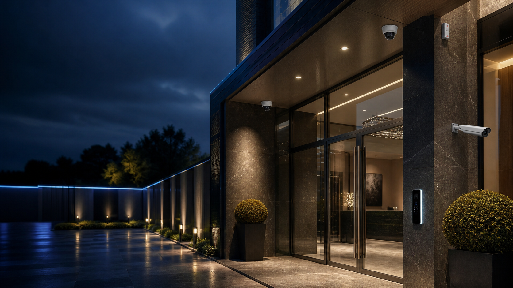 Acceso arquitectónico premium con CCTV, control de acceso, alarma y protección perimetral integrados