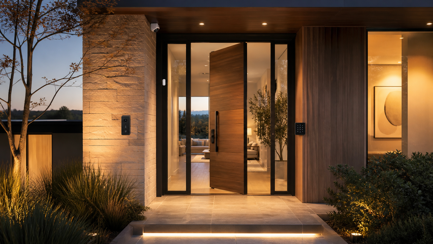 Entrada residencial inteligente con cerradura, videoportero, cámara e iluminación integrada